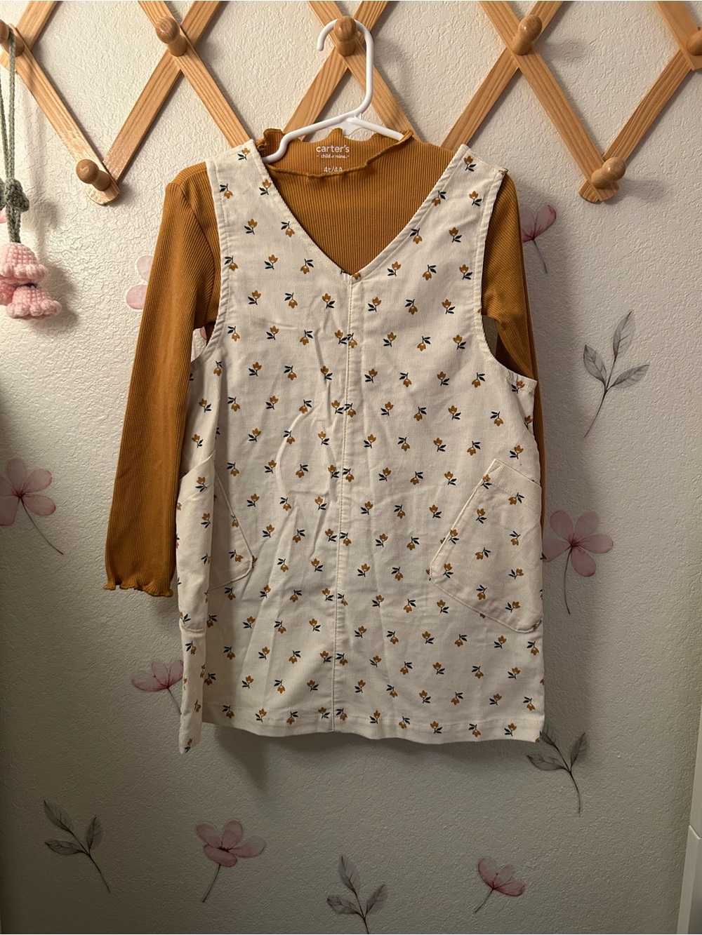 Carter's Mustard Ribbed Top with Cream Floral Pinafore Set